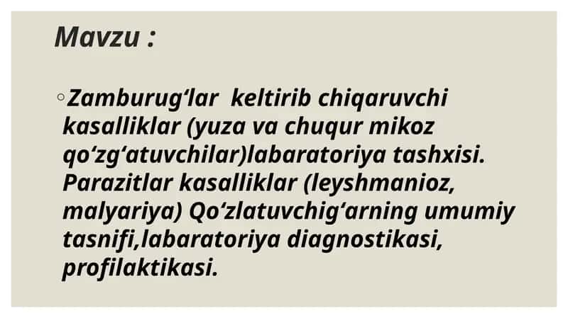 Zamburugʻlar keltirib chiqaruvchi kasalliklar (yuza va chuqur mikoz qoʻzgʻatuvchilar)labaratoriya tashxisi 1