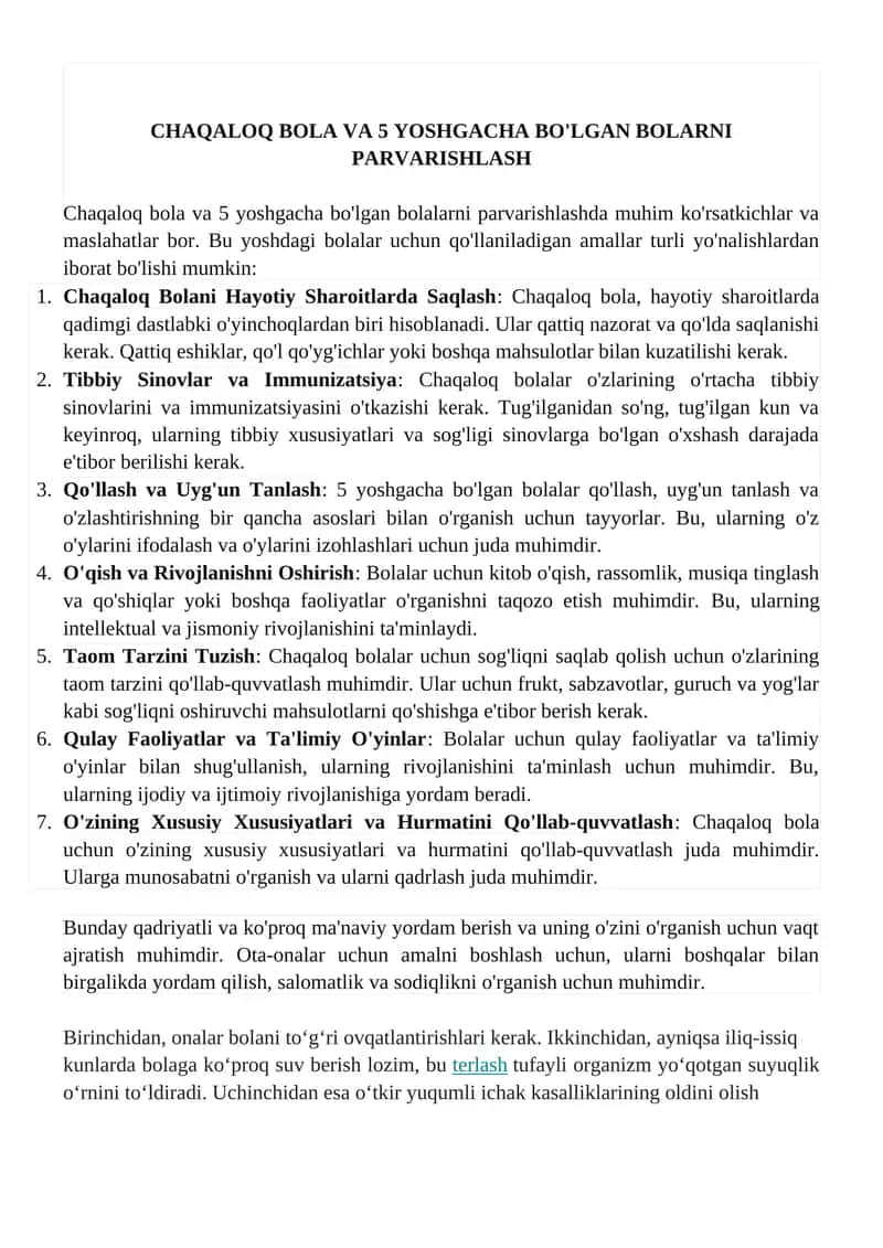 Chaqaloq bola va 5 yoshgacha bo'lgan bolarni parvarishlash 1