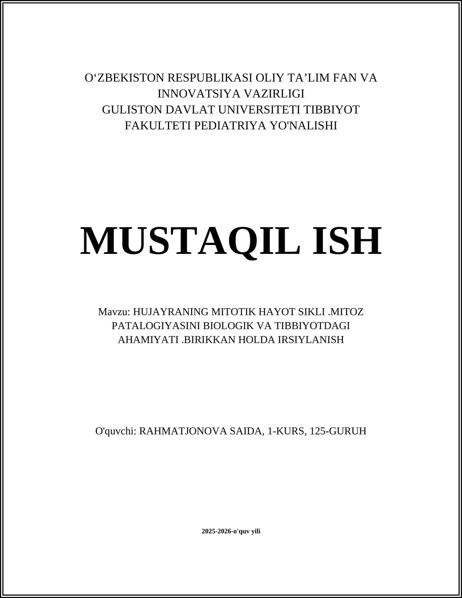 Hujayraning mitotik hayot sikli 1