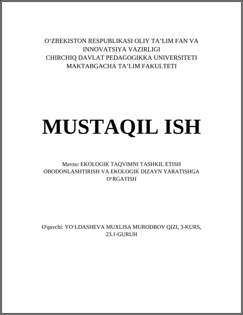 EKOLOGIK TAQVIMNI TASHKIL ETISH OBODONLASHTIRISH VA EKOLOGIK DIZAYN YARATISHGA OʻRGATISH 1