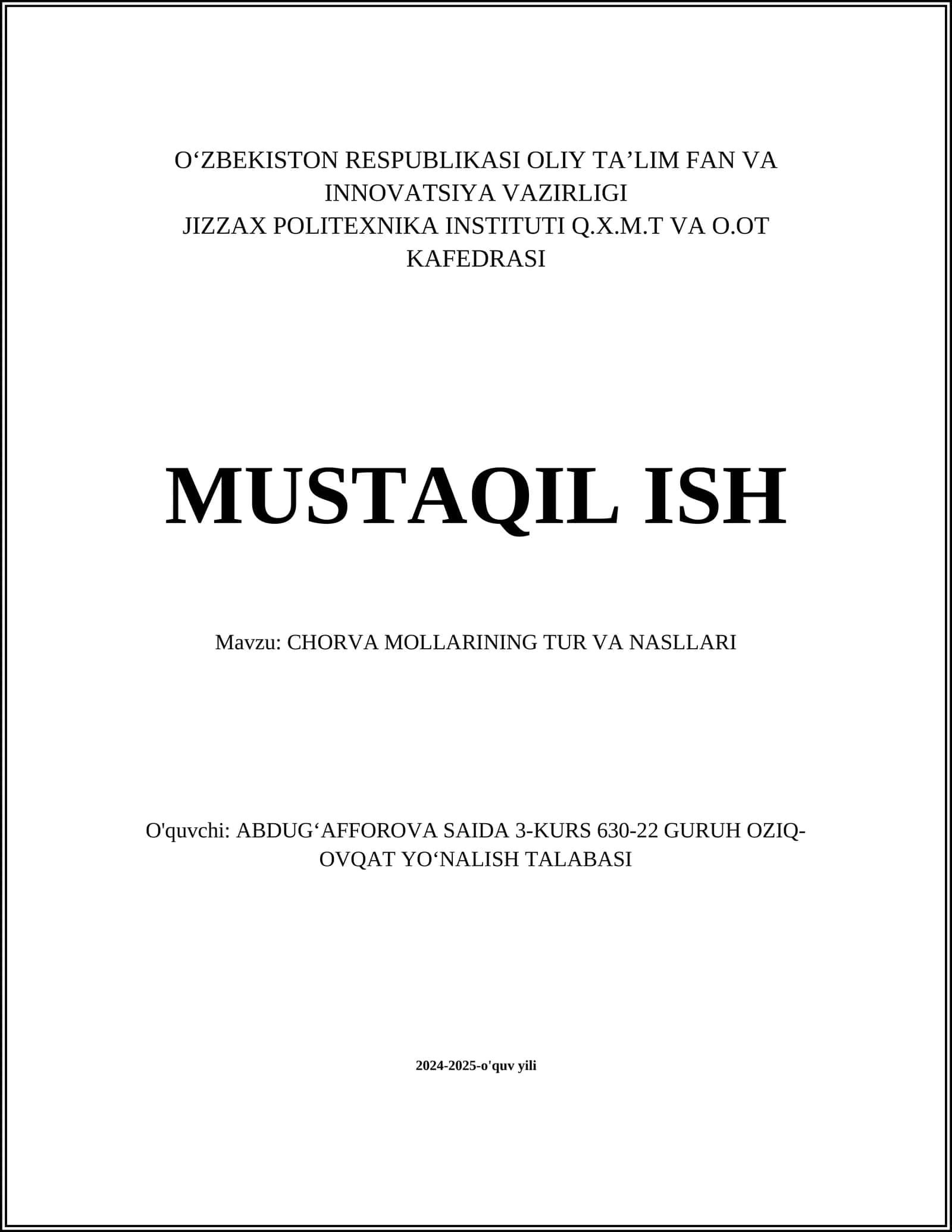 CHORVA MOLLARINING TUR VA NASLLARI 1