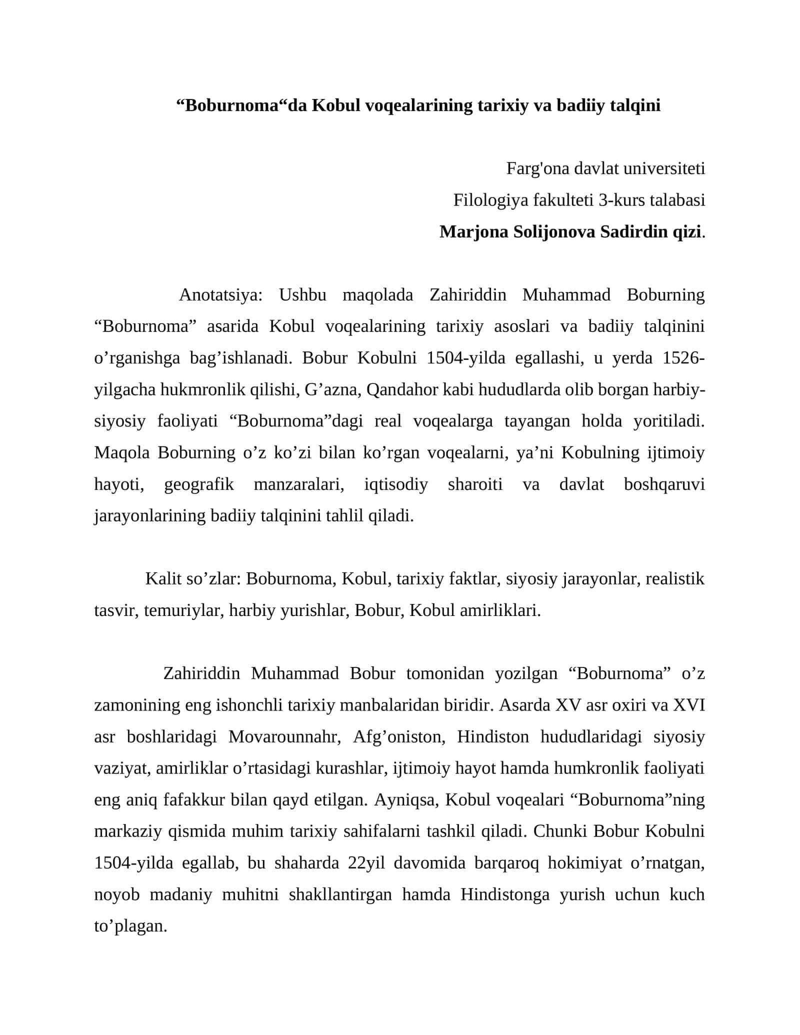 “Boburnoma“da Kobul voqealarining tarixiy va badiiy talqini 1