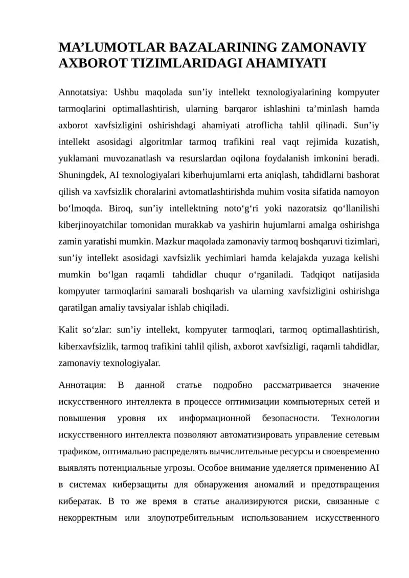 MA’LUMOTLAR BAZALARINING ZAMONAVIY AXBOROT TIZIMLARIDAGI AHAMIYATI 1