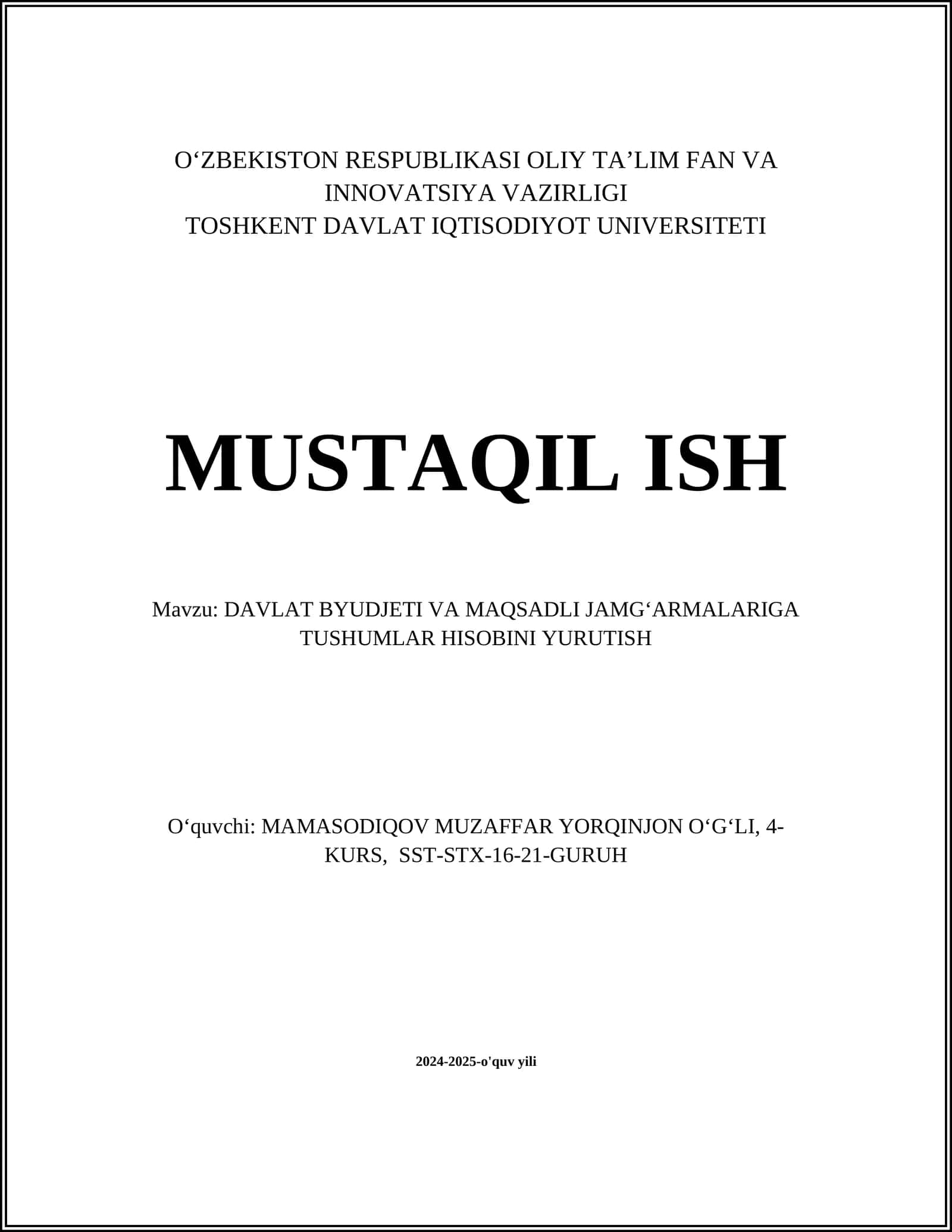 DAVLAT BYUDJETI VA MAQSADLI JAMGʻARMALARIGA TUSHUMLAR HISOBINI YURUTISH 1