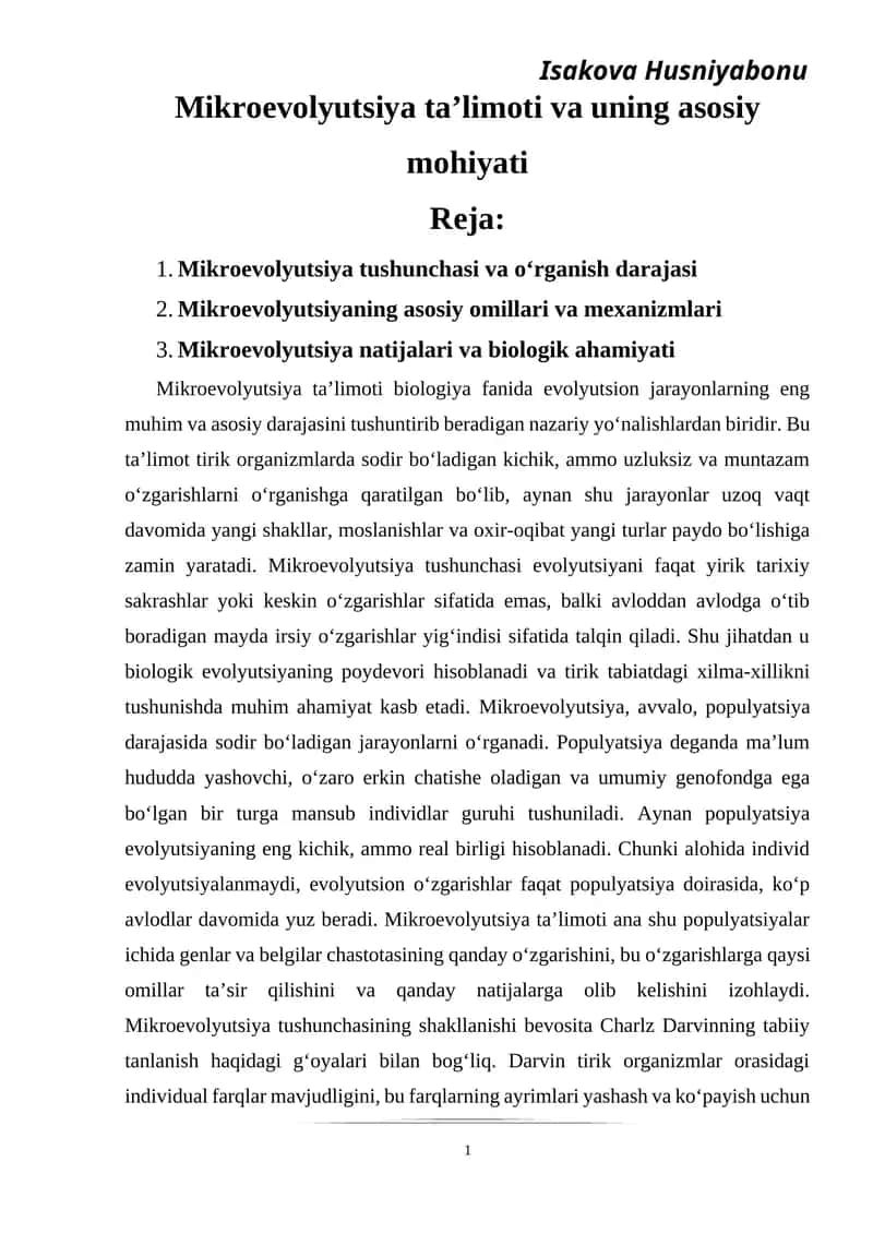 Mikroevolyutsiya talimoti va uning asosiy mohiyati 1