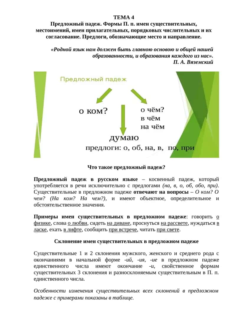 Предложный падеж. Формы П. п. имен существительных, местоимений, имен прилагательных, порядковых чис 1