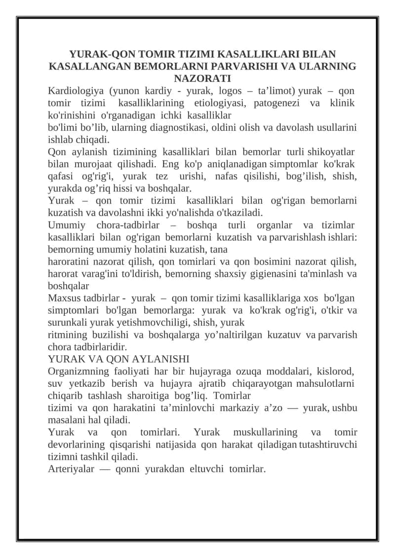 YURAK-QON TOMIR TIZIMI KASALLIKLARI BILAN KASALLANGAN BEMORLARNI PARVARISHI VA ULARNING NAZORATI 1