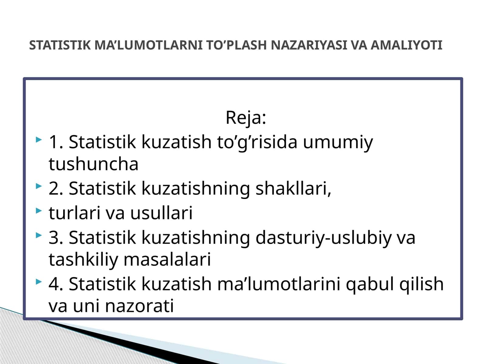 STATISTIK MA’LUMOTLARNI TO’PLASH NAZARIYASI VA AMALIYOTI 1