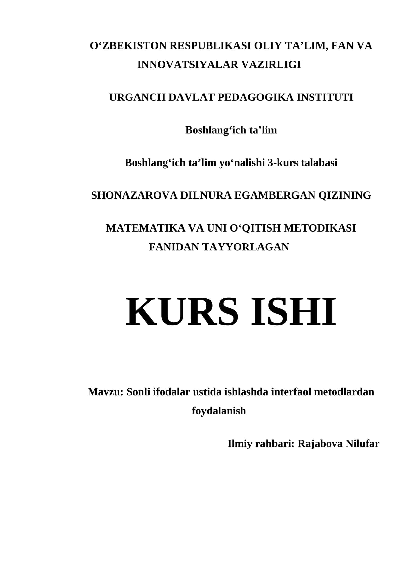 MATEMATIKA VA UNI OʻQITISH METODIKASI FANIDAN TAYYORLAGAN 1