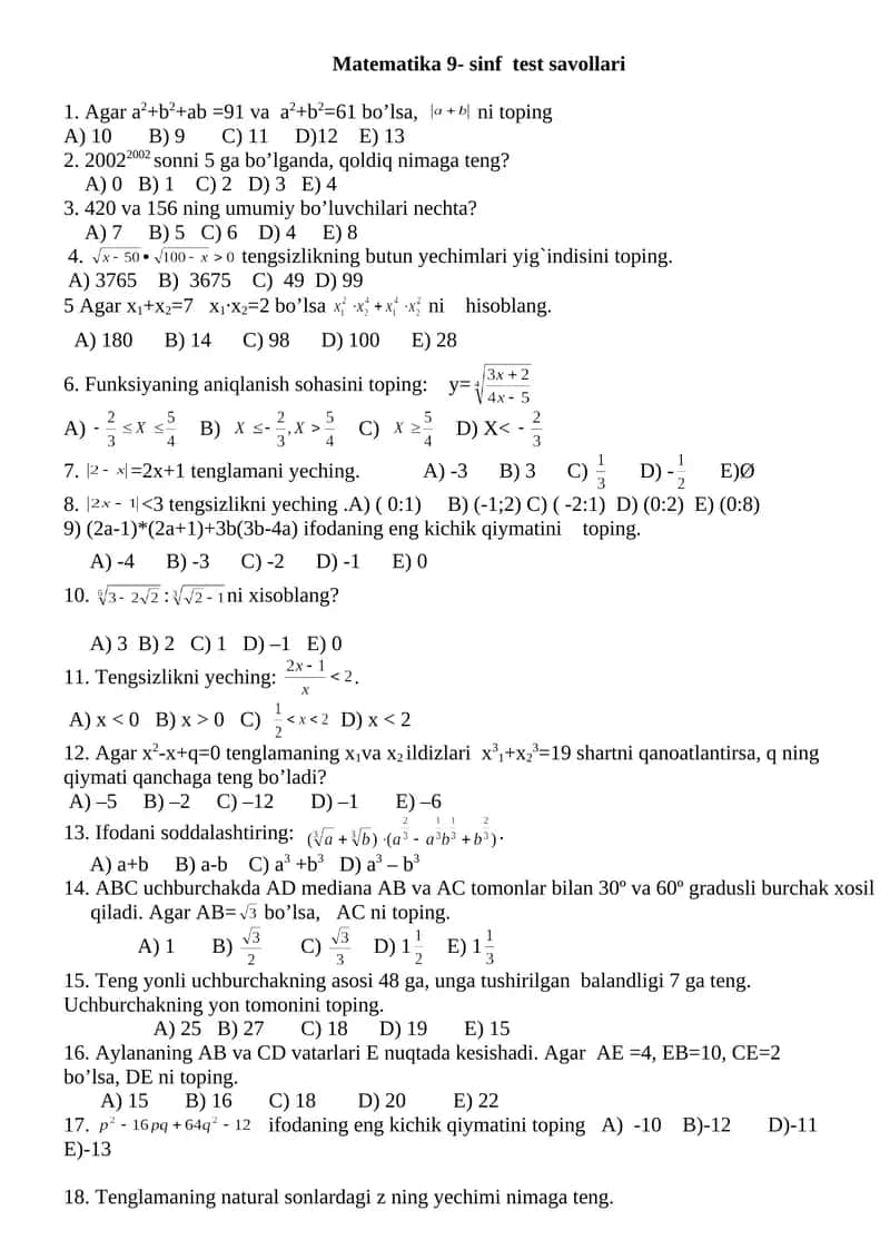 Matematika 9- sinf test savollari 1