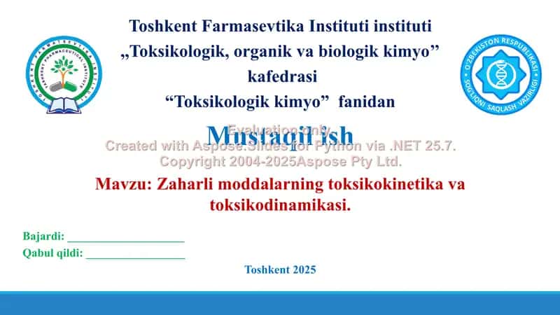 12. Zaharli moddalarning toksikokinetika va toksikodinamikasi. Taqdimot, 17 bet. 1