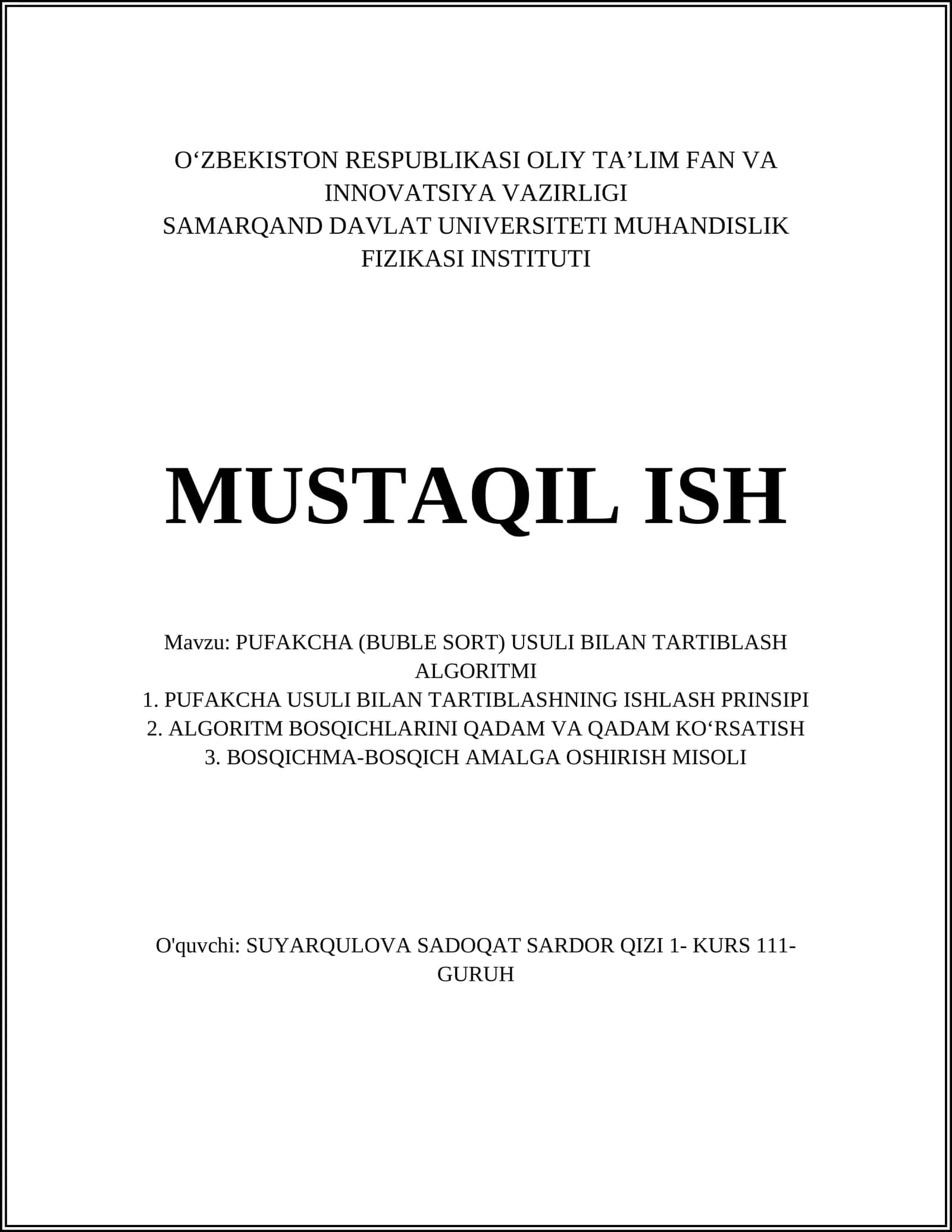 PUFAKCHA (BUBLE SORT) USULI BILAN TARTIBLASH ALGORITMI 1