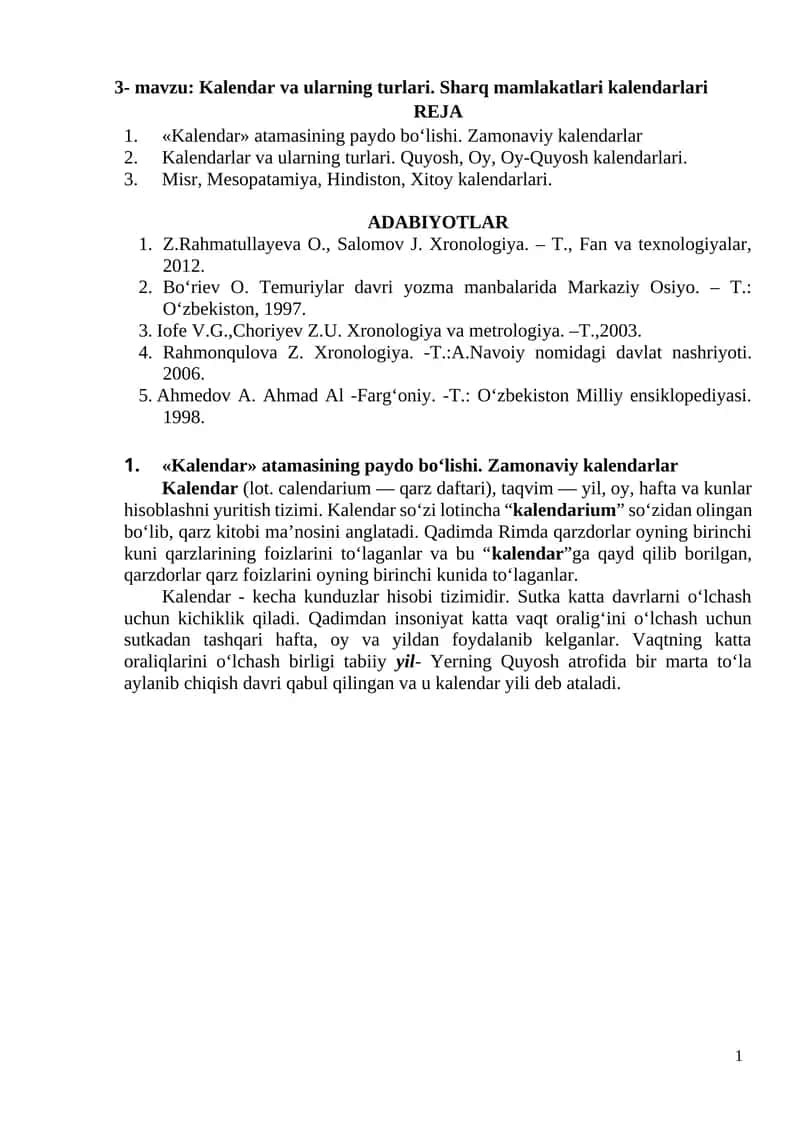 Kalendar va ularning turlari 1