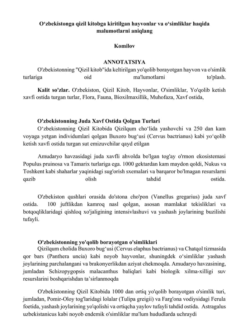 O'zbekistonga qizil kitobga kiritilgan hayvonlar va oʻsimliklar haqida malumotlarni aniqlang 1