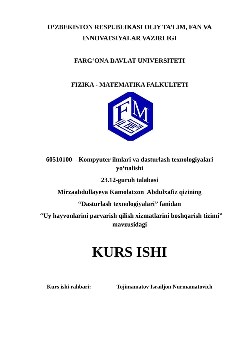 Uy hayvonlarini parvarish qilish xizmatlarini boshqarish tizimi 1