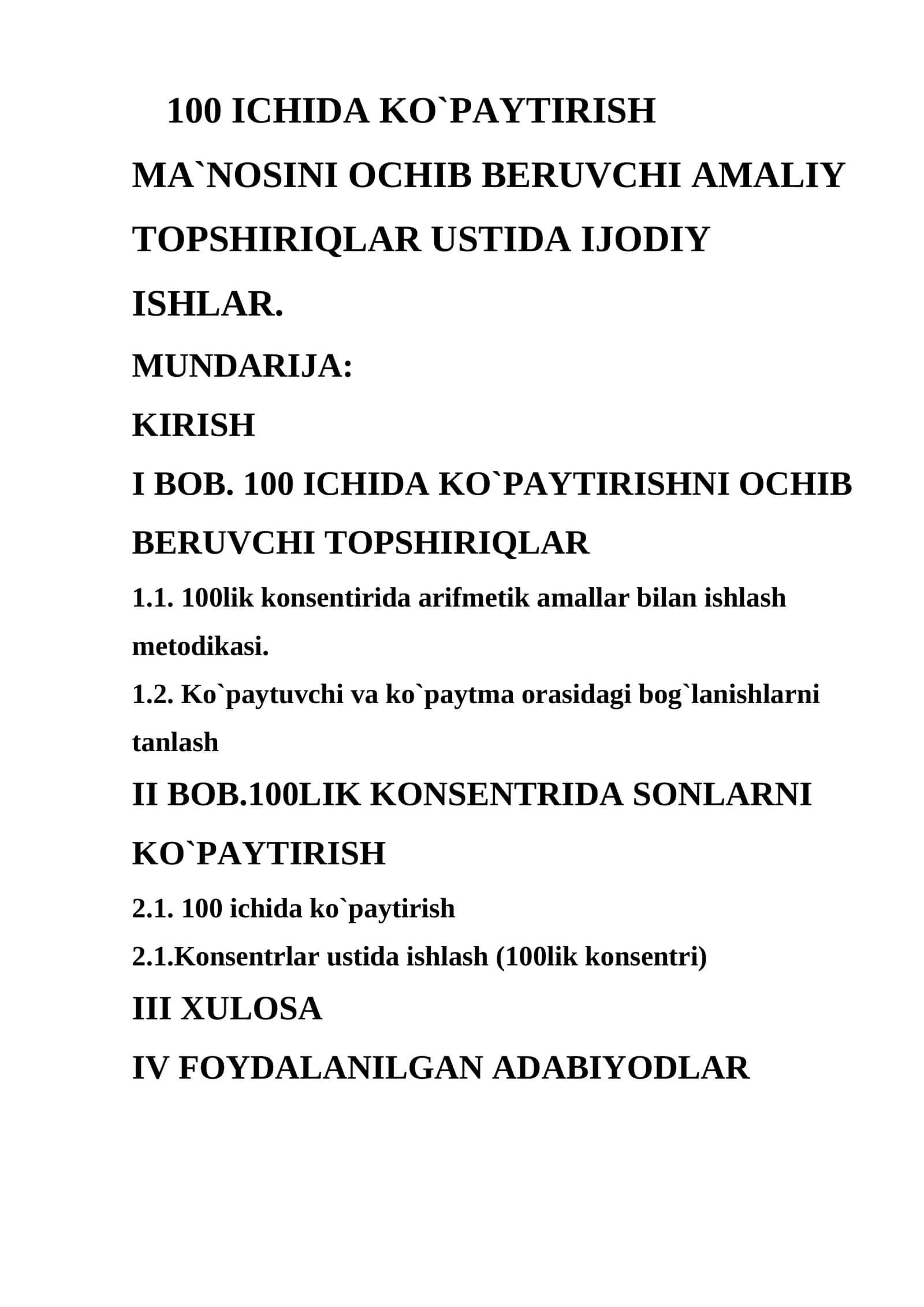 100 ICHIDA KO`PAYTIRISH MA`NOSINI OCHIB BERUVCHI AMALIY TOPSHIRIQLAR USTIDA IJODIY ISHLAR 1