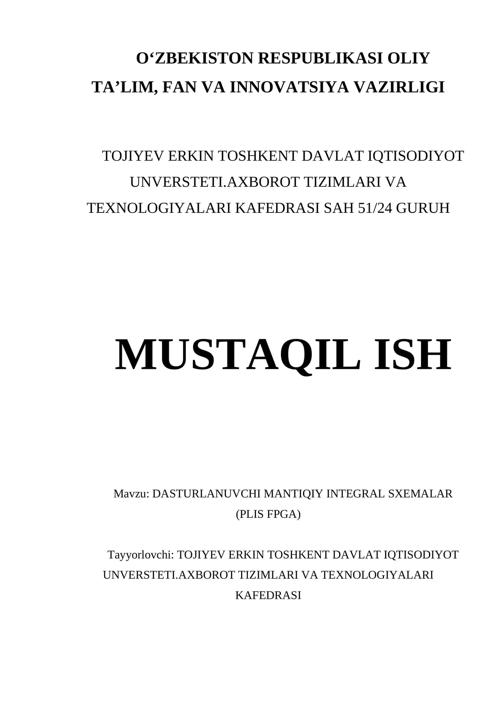 DASTURLANUVCHI MANTIQIY INTEGRAL SXEMALAR (PLIS FPGA) 1