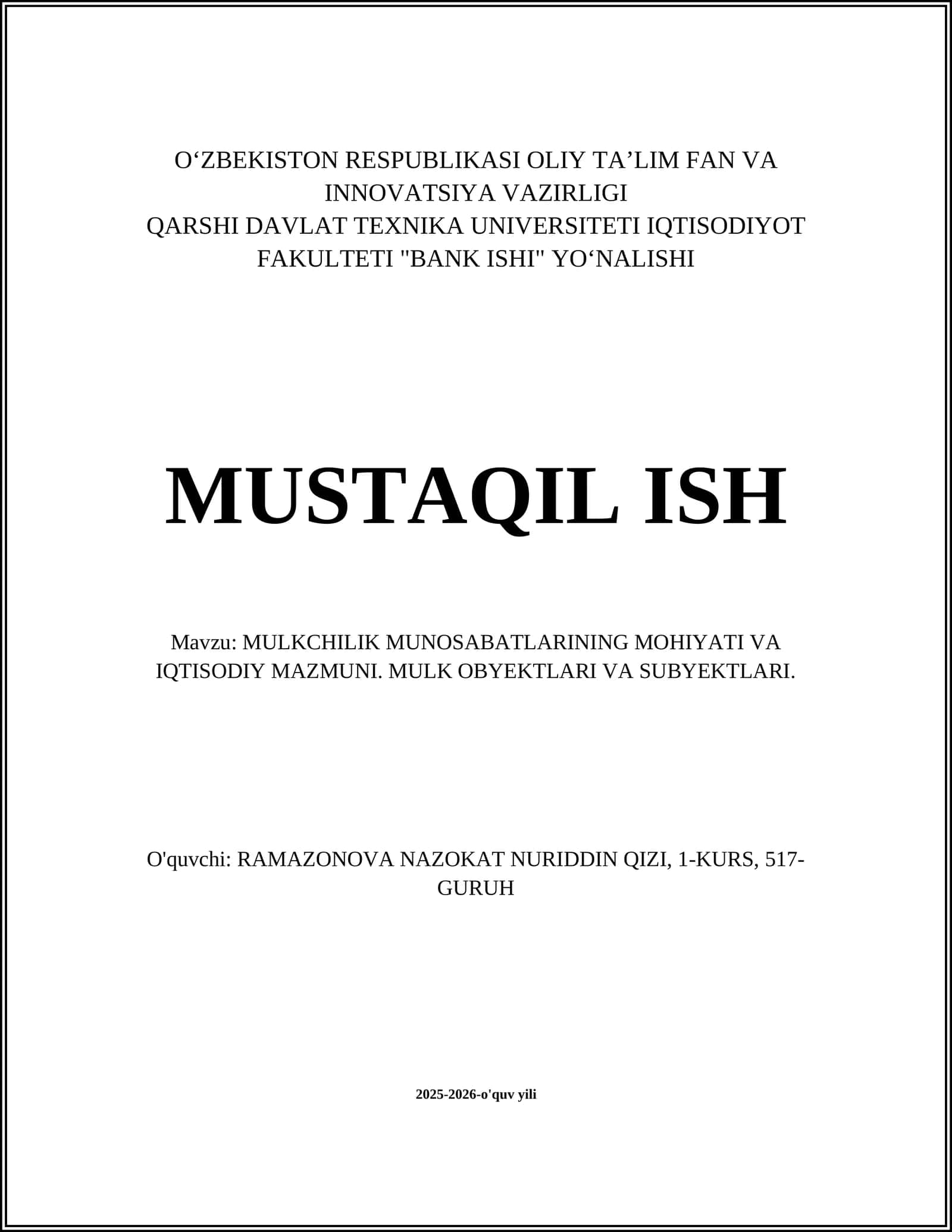 MULKCHILIK MUNOSABATLARINING MOHIYATI VA IQTISODIY MAZMUNI 1
