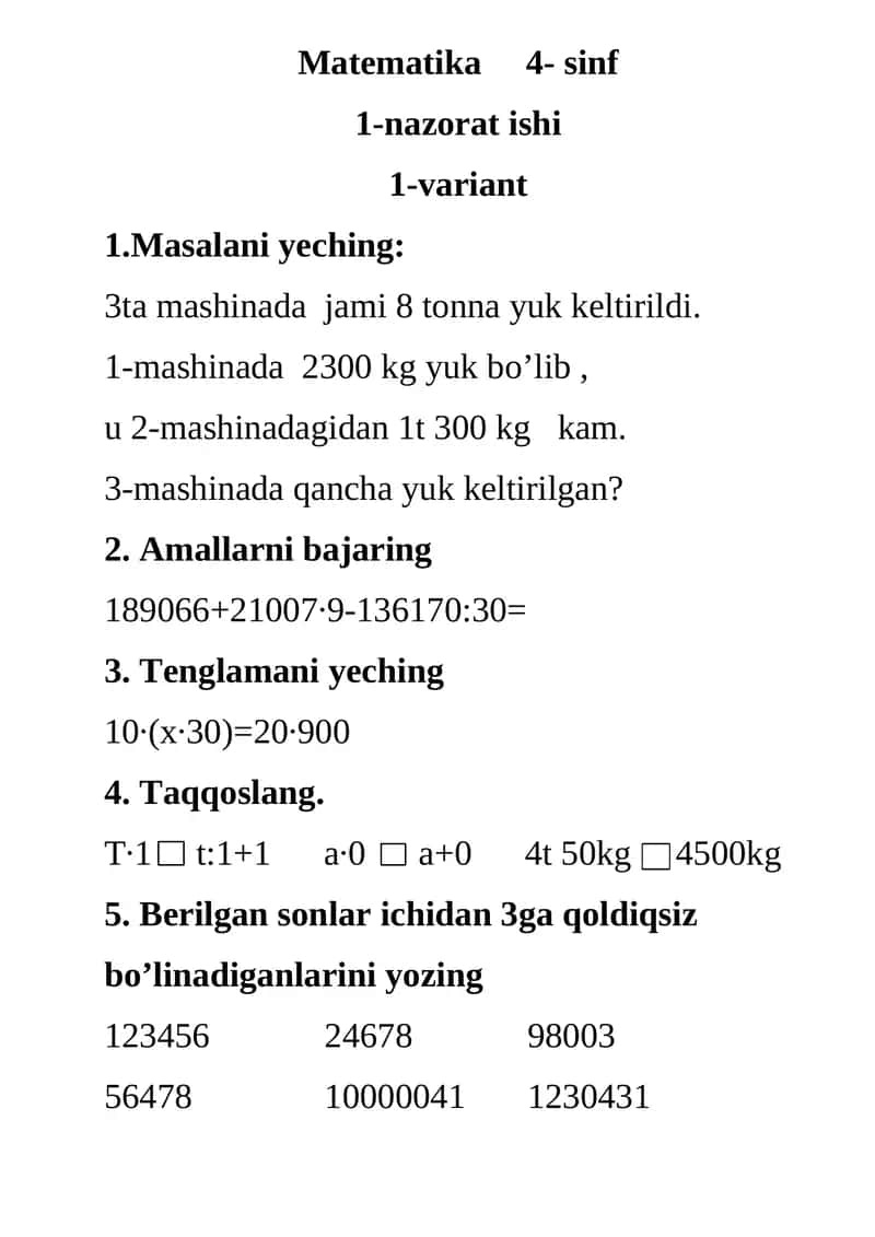 Matematika 4- sinf 1-nazorat ishi 1