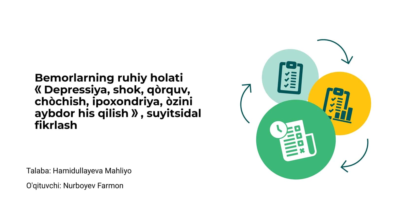 Bemorlarning ruhiy holati: Depressiya, shok, qòrquv, chòchish, ipoxondriya, òzini aybdor his qilish 1