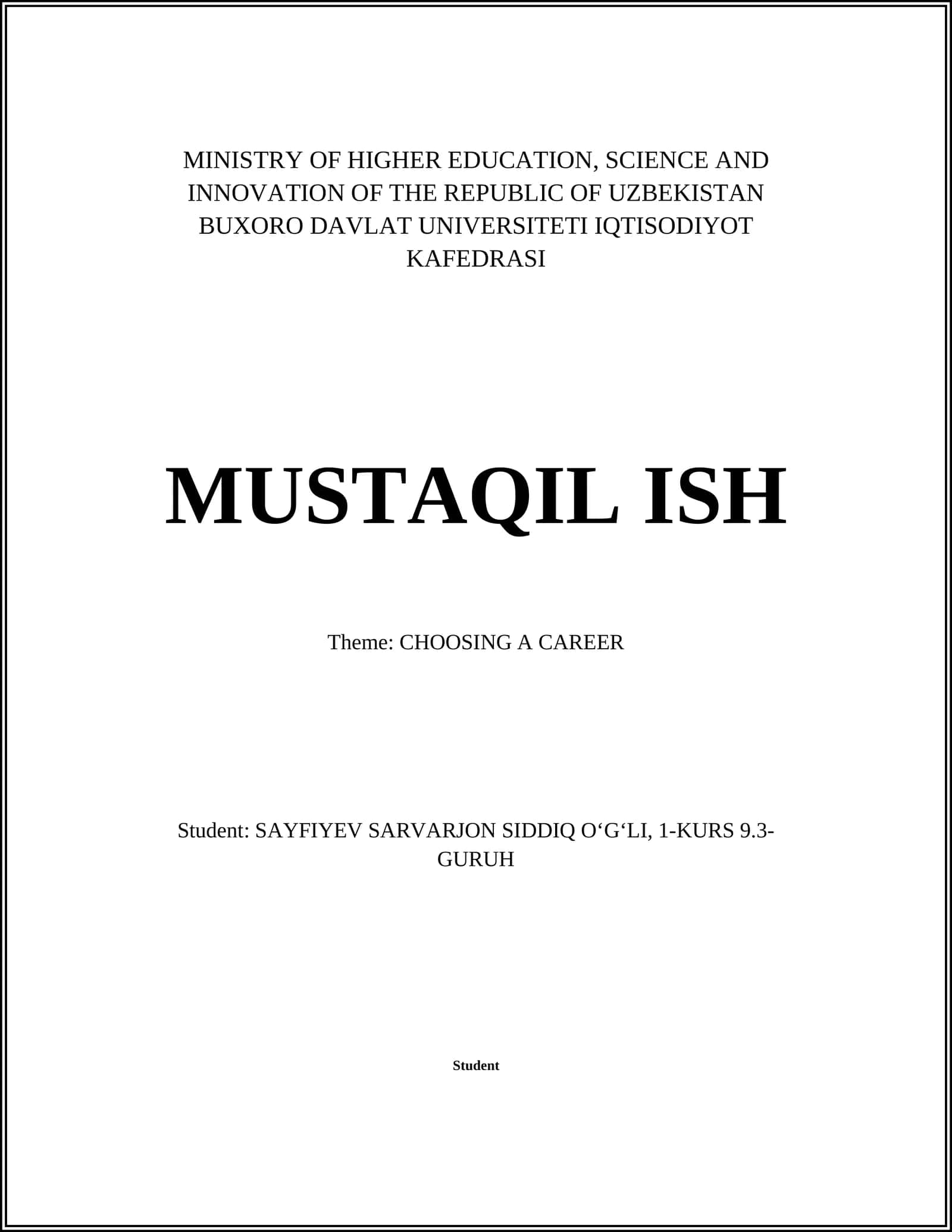 Mavzu: Kasbni tanlash / Theme: CHOOSING A CAREER 1