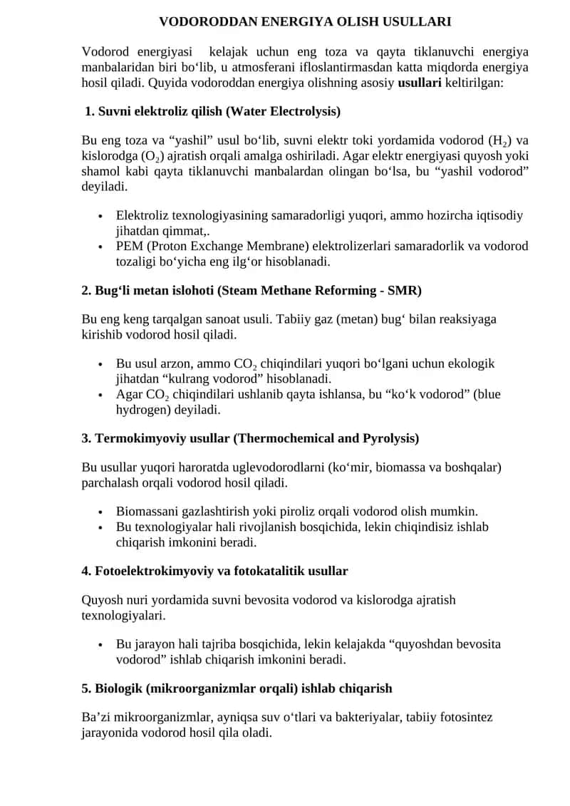 VODORODDAN ENERGIYA OLISH USULLARI 1