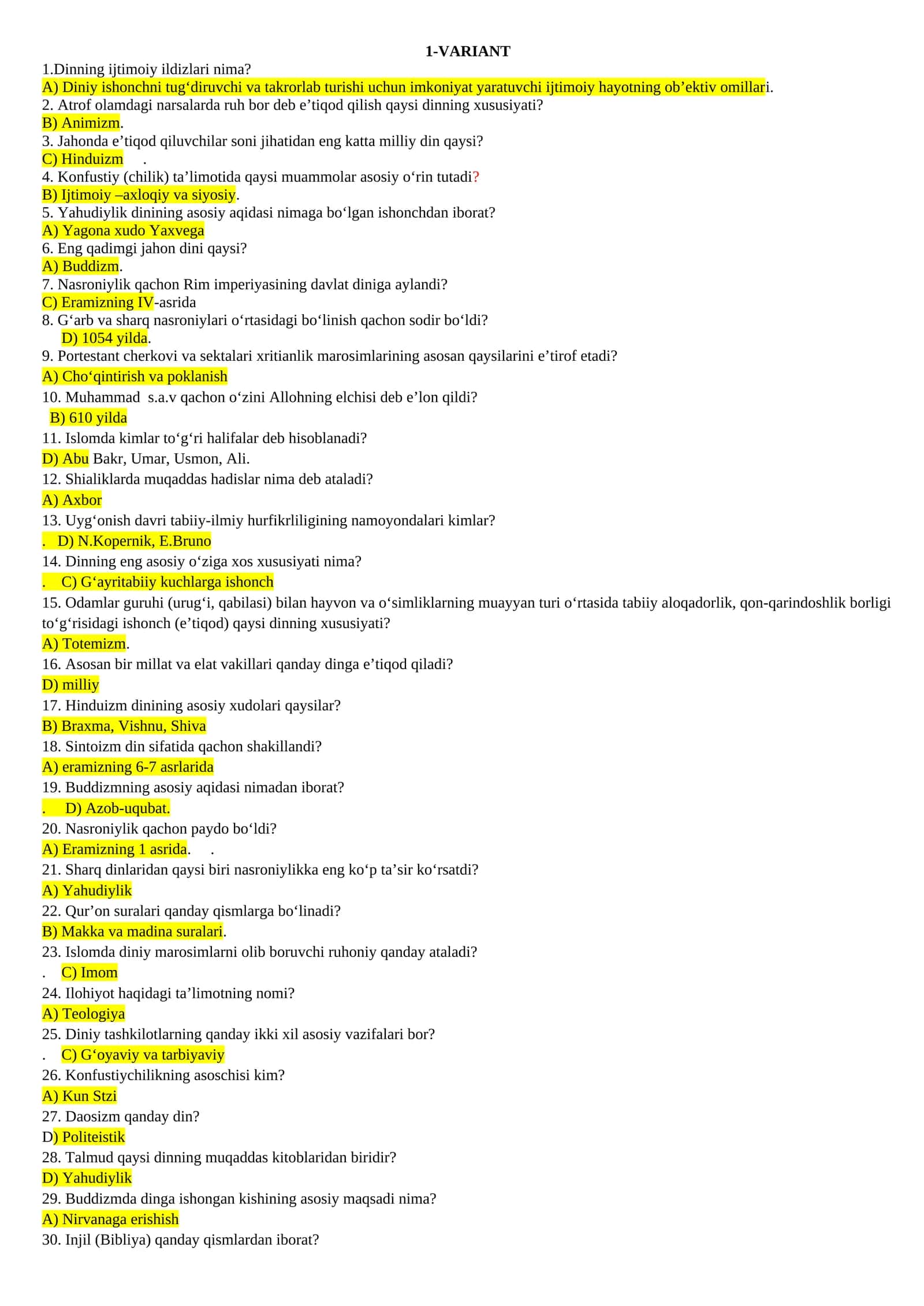 DINSHUNOSLIK ASOSLARI fanidan testlar to'plami 1