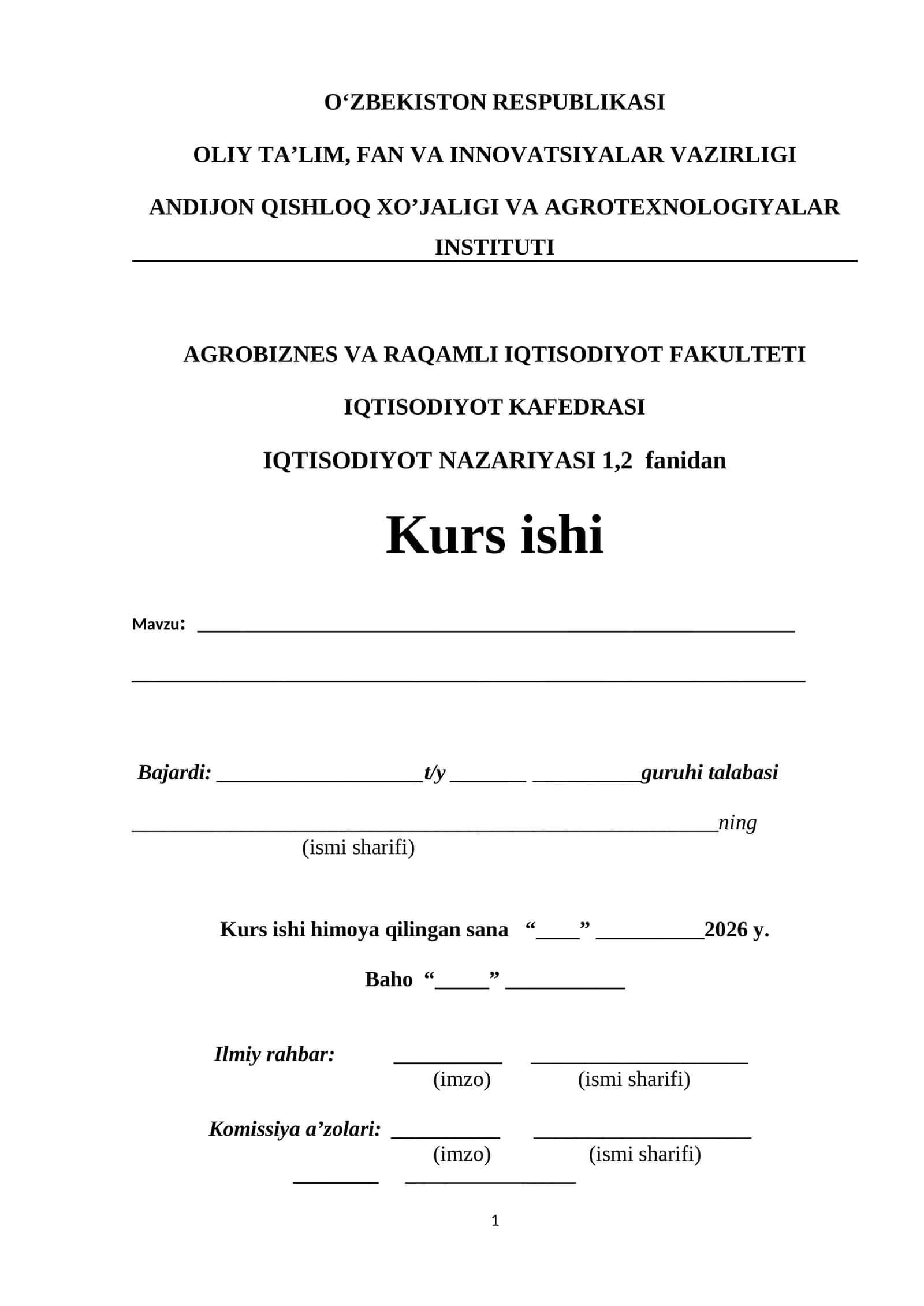 IQTISODIYOT NAZARIYASI 1,2 fanidan Kurs ishi 1