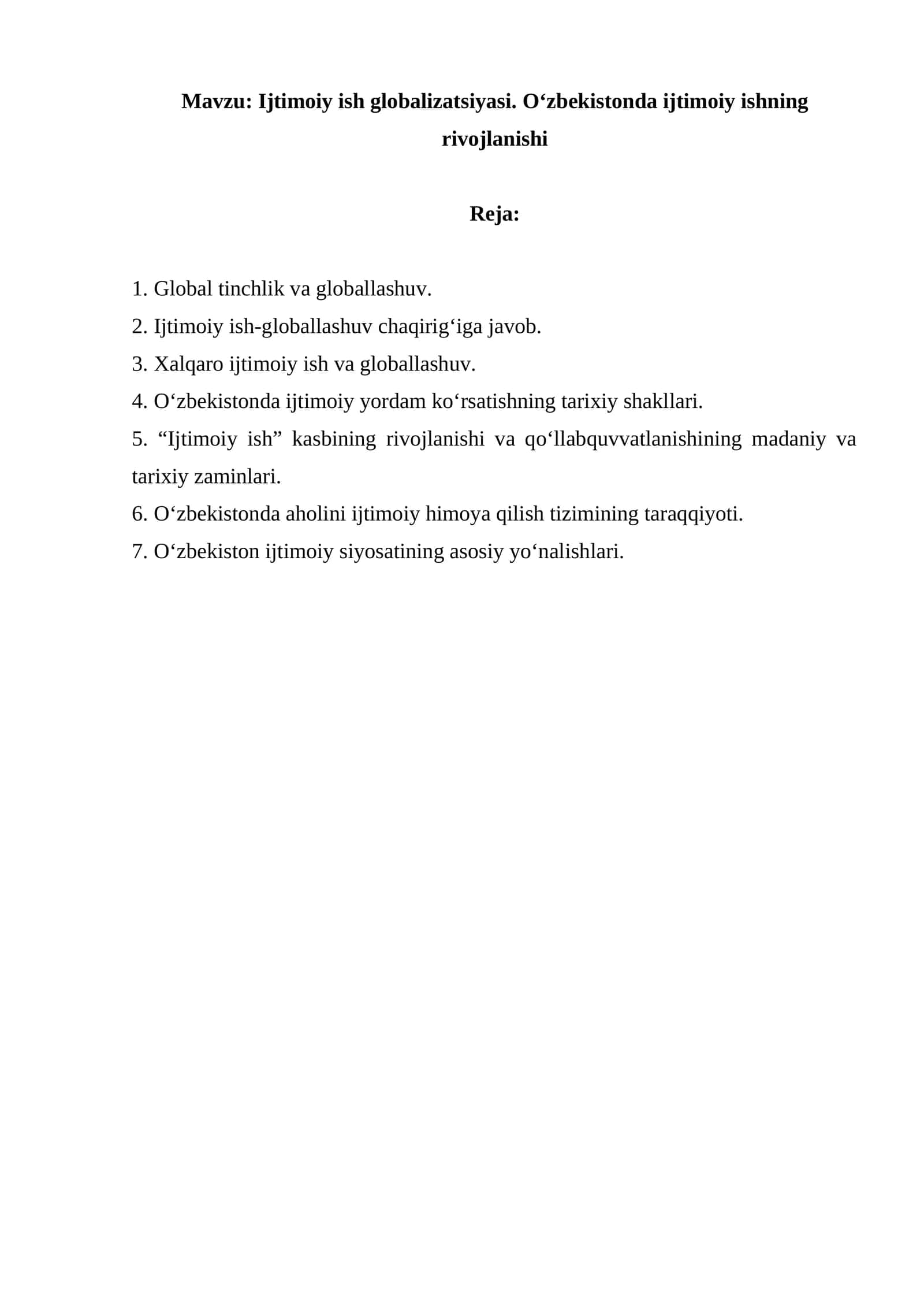 Ijtimoiy ish globalizatsiyasi. O‘zbekistonda ijtimoiy ishning rivojlanishi 1