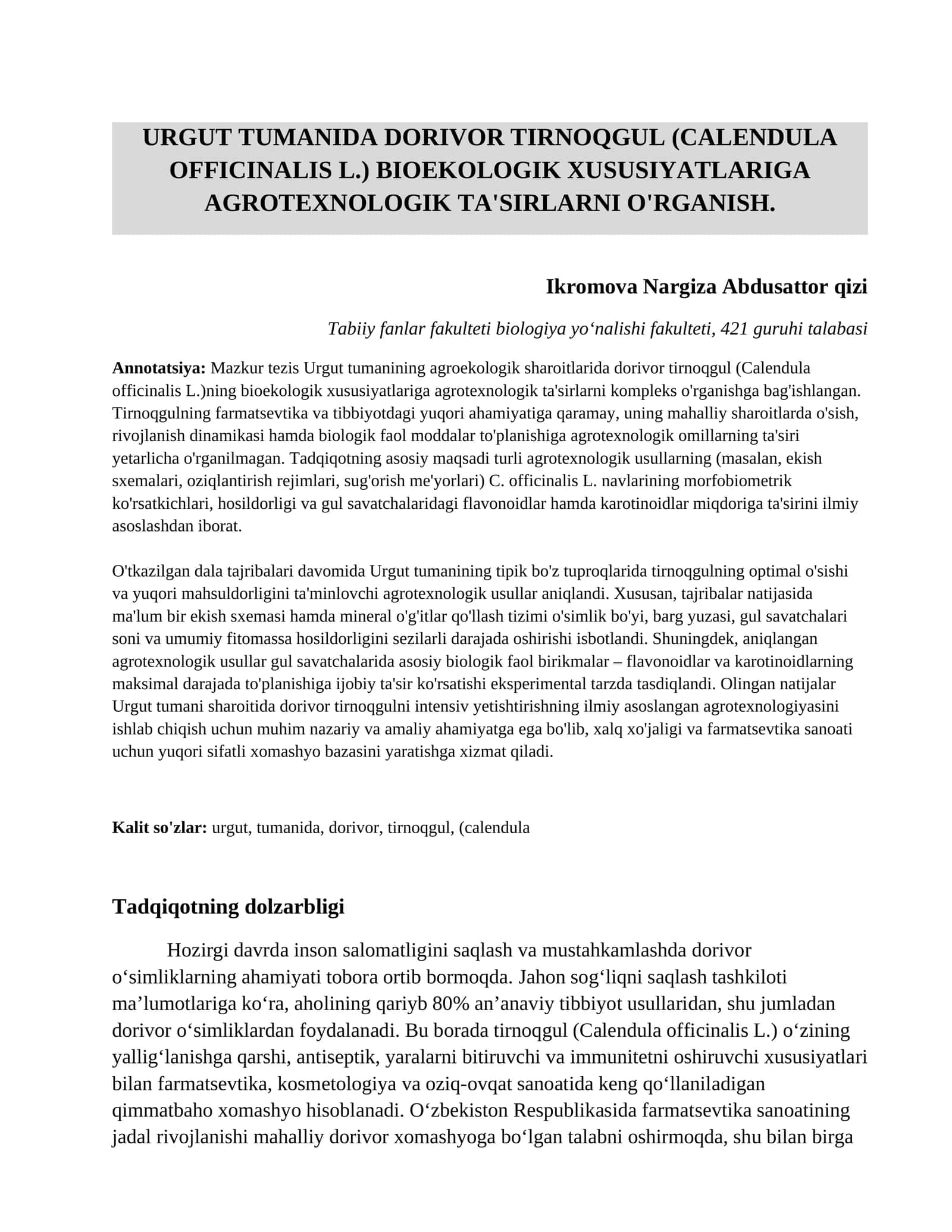 Urgut Tumanida dorivor tirnoqgul (Calendula officinalis L.) Bioekologik xususiyatlariga agrotexnologik ta'sirlarni o'rganish. 1