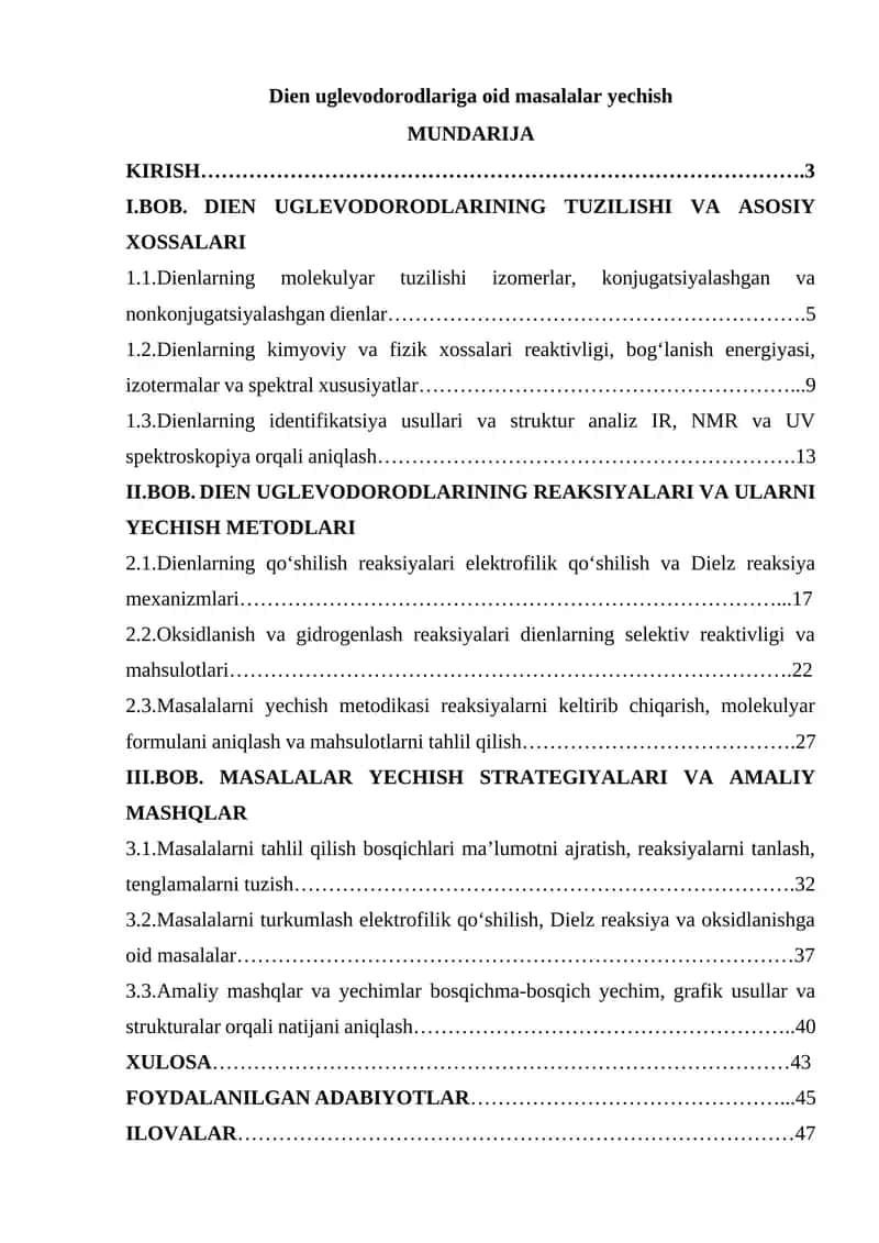 Dien uglevodorodlariga oid masalalar yechish 1