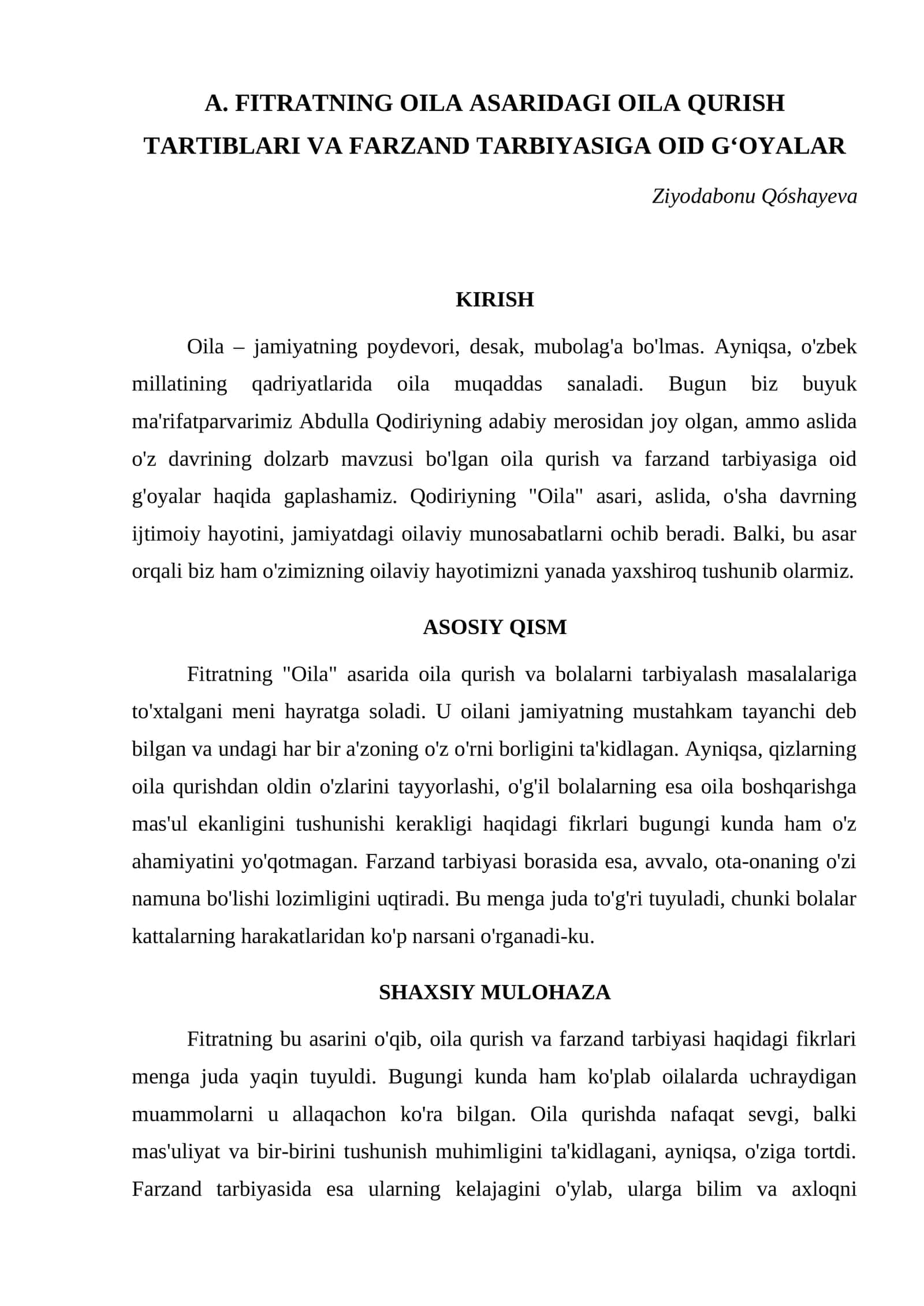 A. FITRATNING OILA ASARIDAGI OILA QURISH TARTIBLARI VA FARZAND TARBIYASIGA OID GʻOYALAR 1
