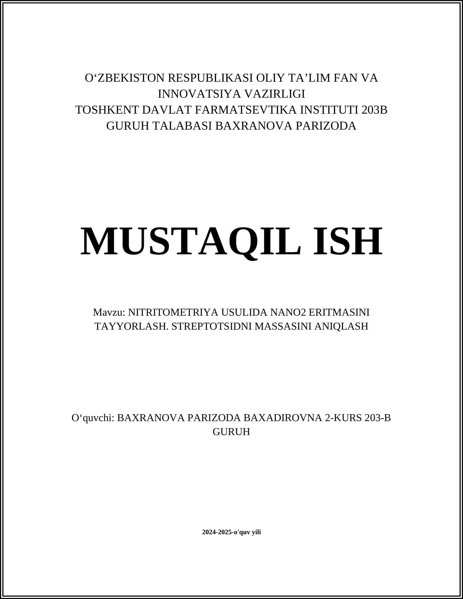 NITRITOMETRIYA USULIDA NANO2 ERITMASINI TAYYORLASH. STREPTOTSIDNI MASSASINI ANIQLASH 1
