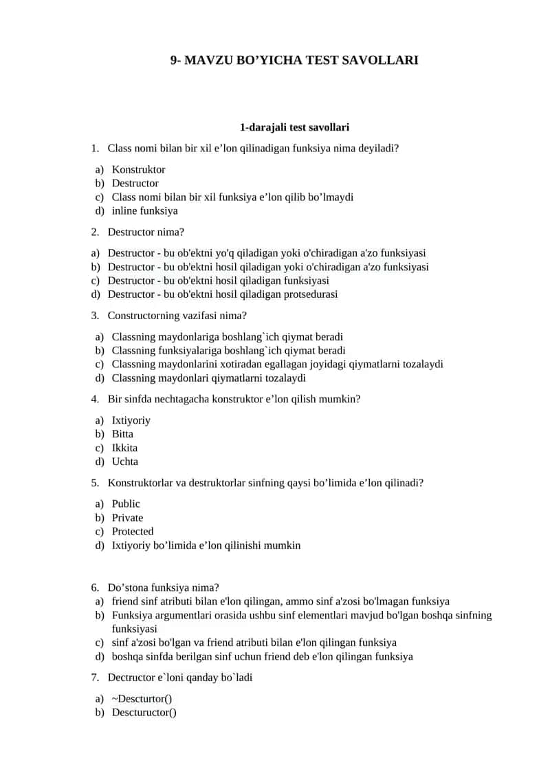 MAVZU BO’YICHA TEST SAVOLLARI 1