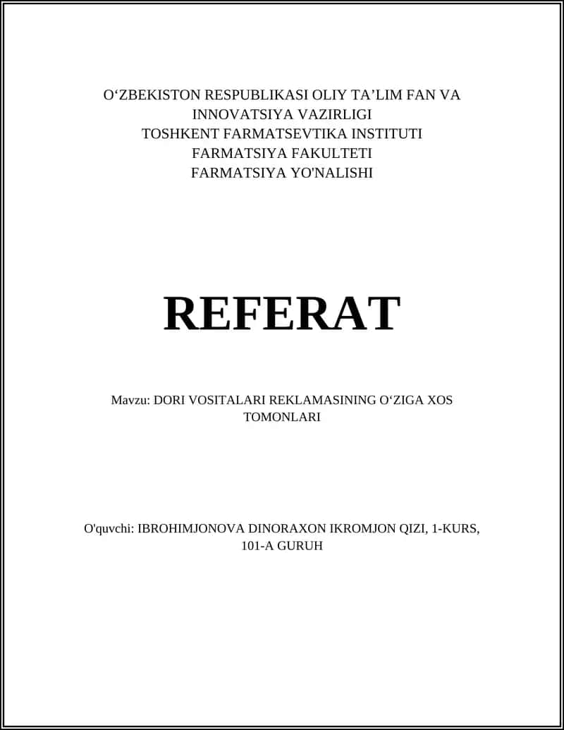 Dori vositalari reklamasining oʻziga xos tomonlari 1