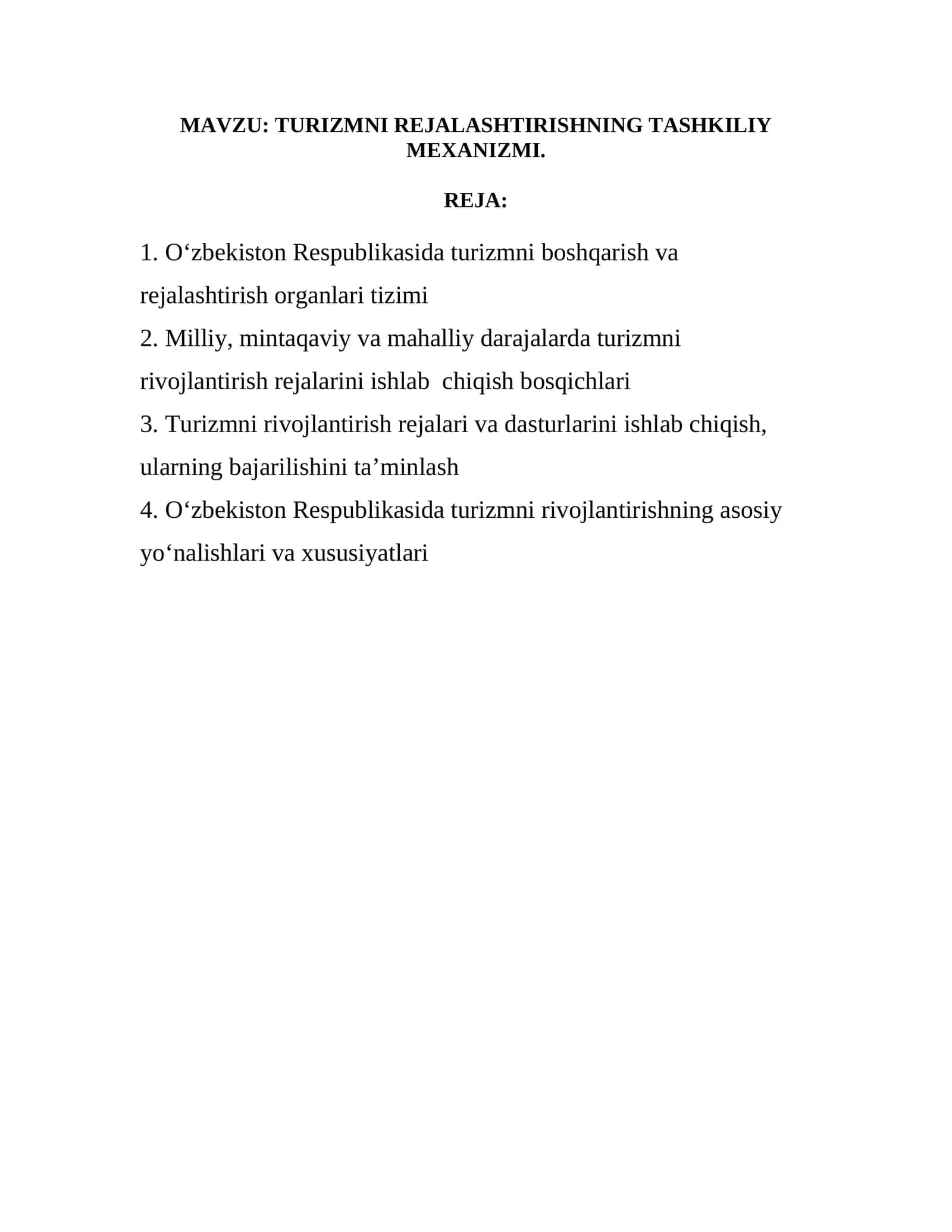 TURIZMNI REJALASHTIRISHNING TASHKILIY MEXANIZMI 1