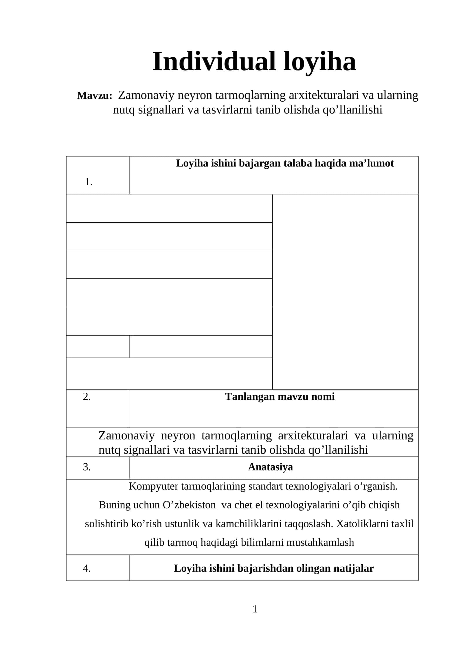 Zamonaviy neyron tarmoqlarning arxitekturalari va ularning nutq signallari va tasvirlarni tanib olishda qo’llanilishi 1