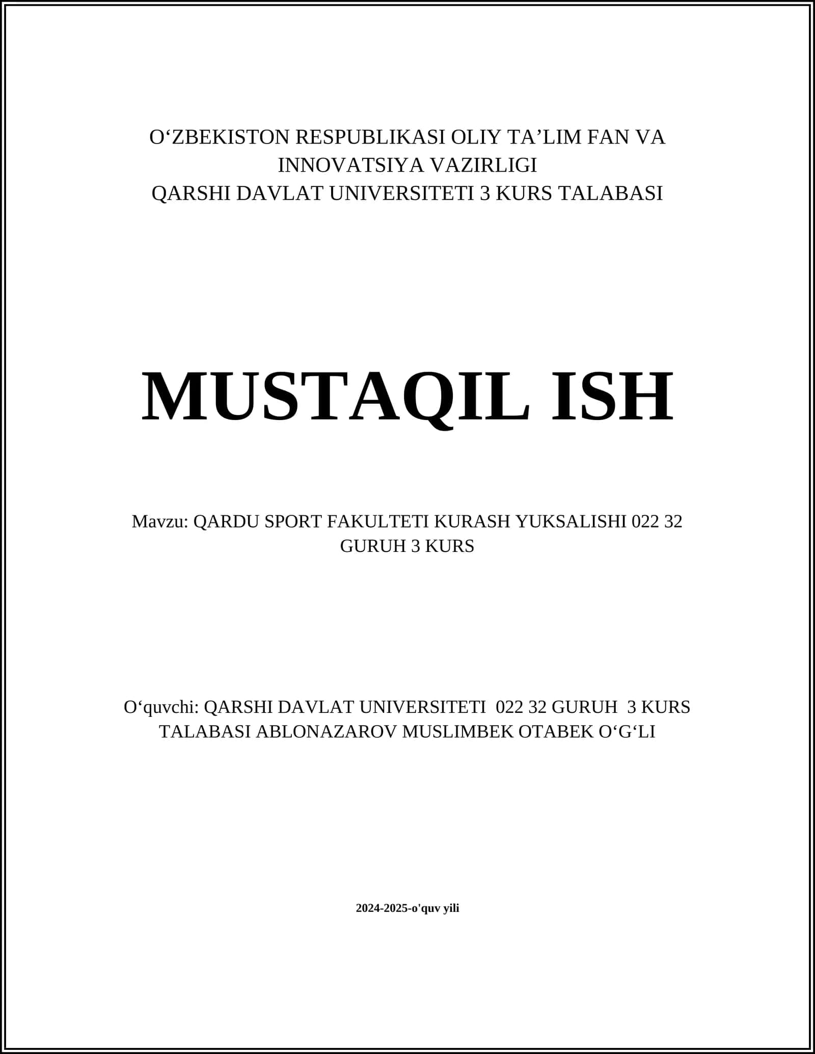 QARDU SPORT FAKULTETI KURASH YUKSALISHI 022 32 GURUH 3 KURS 1
