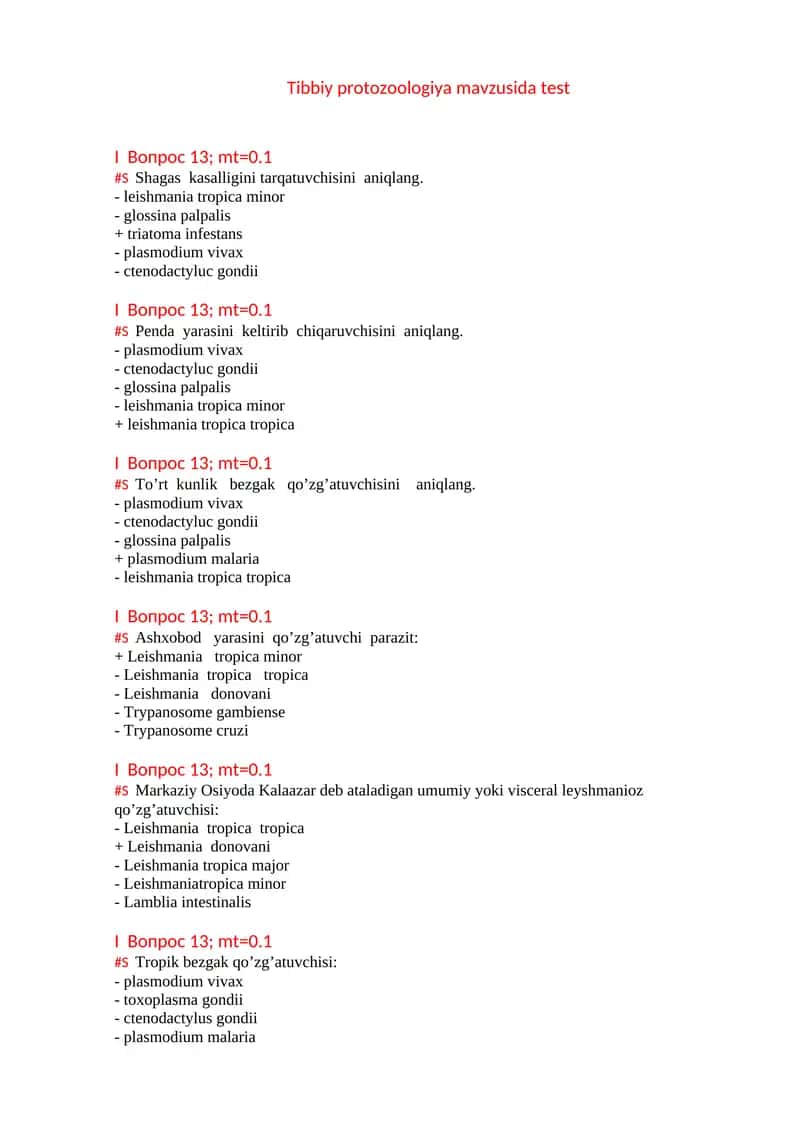 Tibbiy protozoologiya mavzusida test 1
