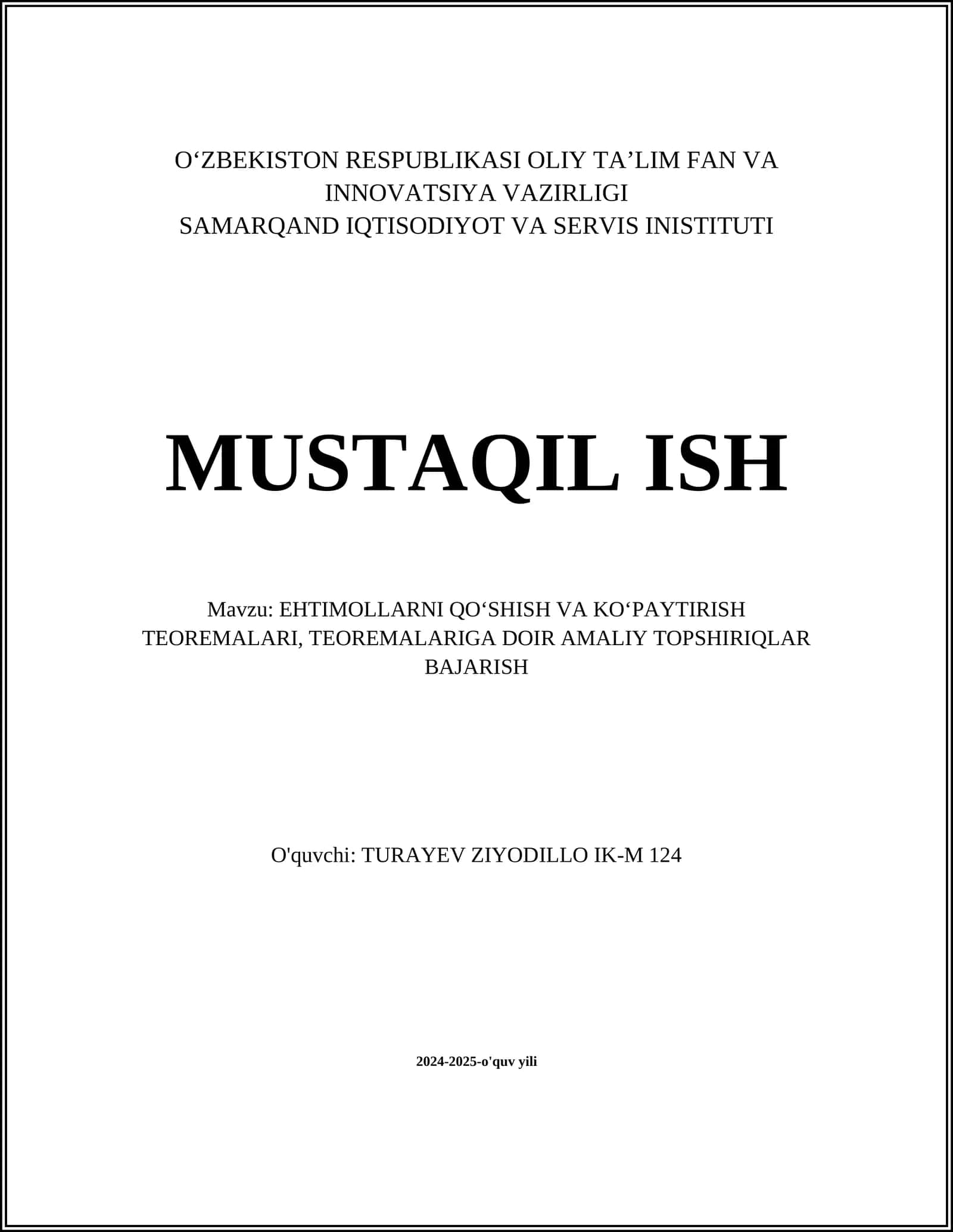 EHTIMOLLARNI QOʻSHISH VA KOʻPAYTIRISH TEOREMALARI, TEOREMALARIGA DOIR AMALIY TOPSHIRIQLAR BAJARISH 1