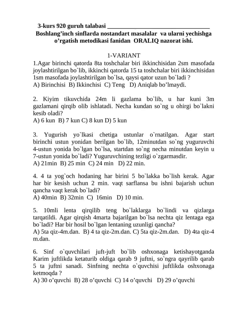 Boshlang’inch sinflarda nostandart masalalar va ularni yechishga o’rgatish metodikasi fanidan ORALIQ nazorat ishi 1