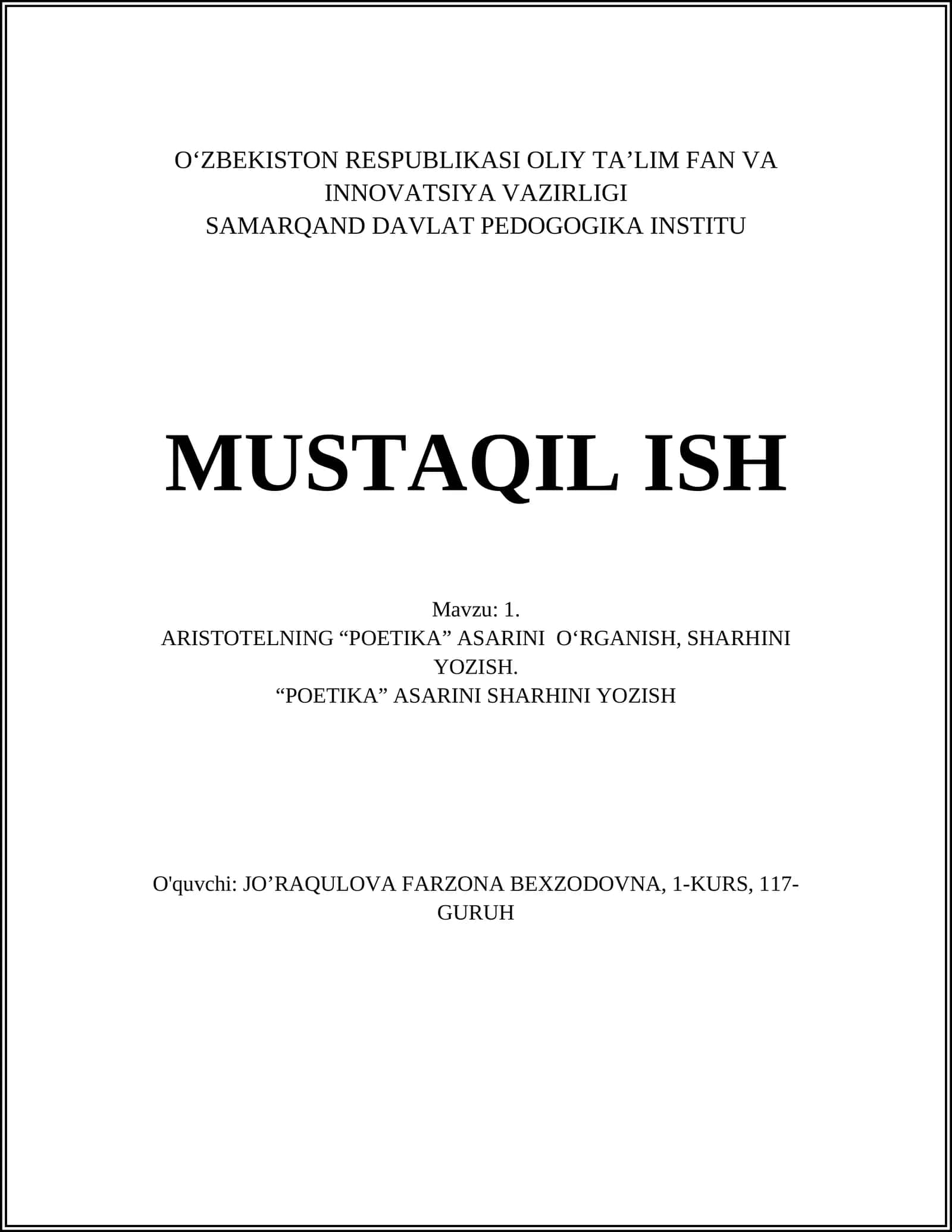 Aristotelning “Poetika” asarini o‘rganish, sharhini yozish 1