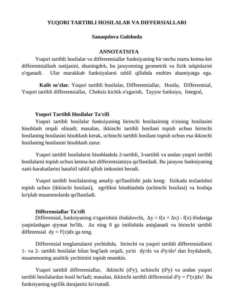 Yuqori Tartibli Hosilalar va Differentsiallar 1