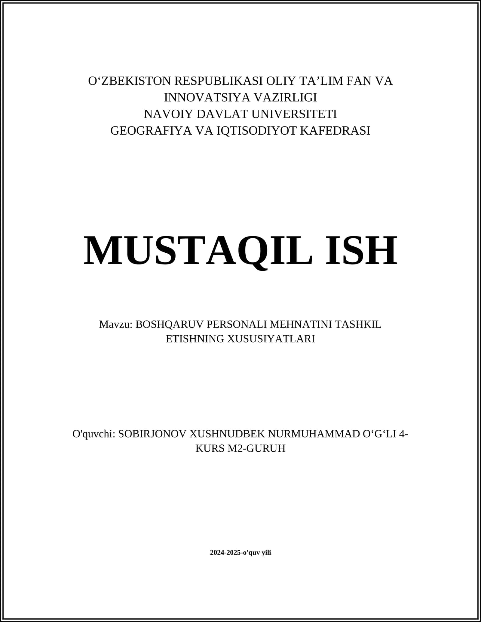 BOSHQARUV PERSONALI MEHNATINI TASHKIL ETISHNING XUSUSIYATLARI 1