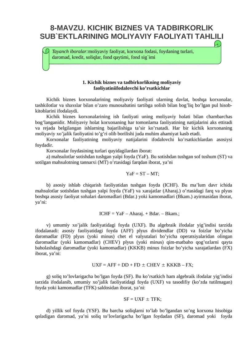 KICHIK BIZNES VA TADBIRKORLIK SUB'EKTLARINING MOLIYAVIY FAOLIYATI TAHLILI 1