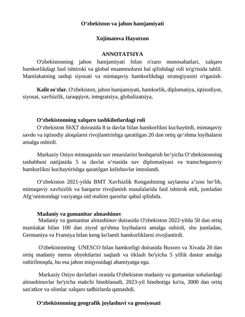 Oʻzbekiston va jahon hamjamiyati 1