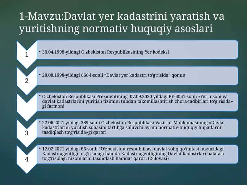 Davlat yer kadastri yaratish va yuritishning normativ-huquqiy asoslari 1
