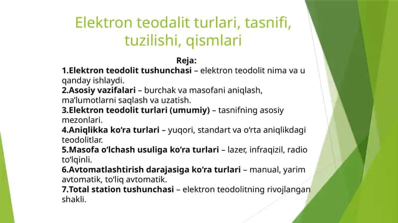 Elektronteodolit turlari, tasnifi, tuzilishi, qismlari 1