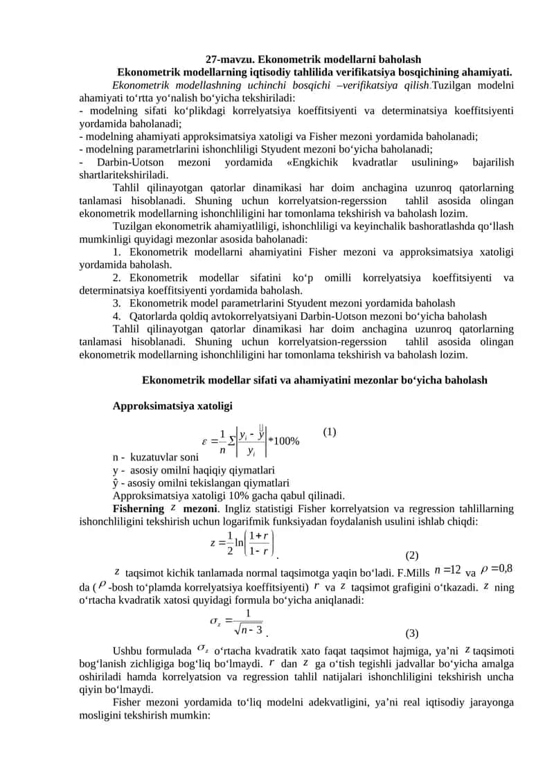 Ekonometrik modellarni baholash 1