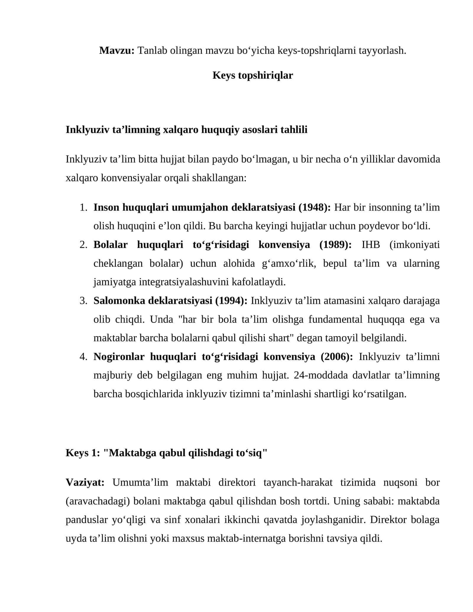 Inklyuziv ta’limning xalqaro huquqiy asoslari 1